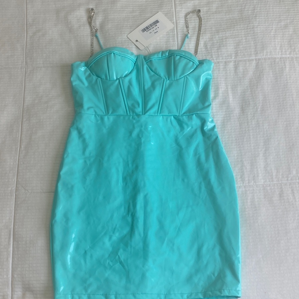 Satin Bustier Midi Dress in Aqua with Chain Straps